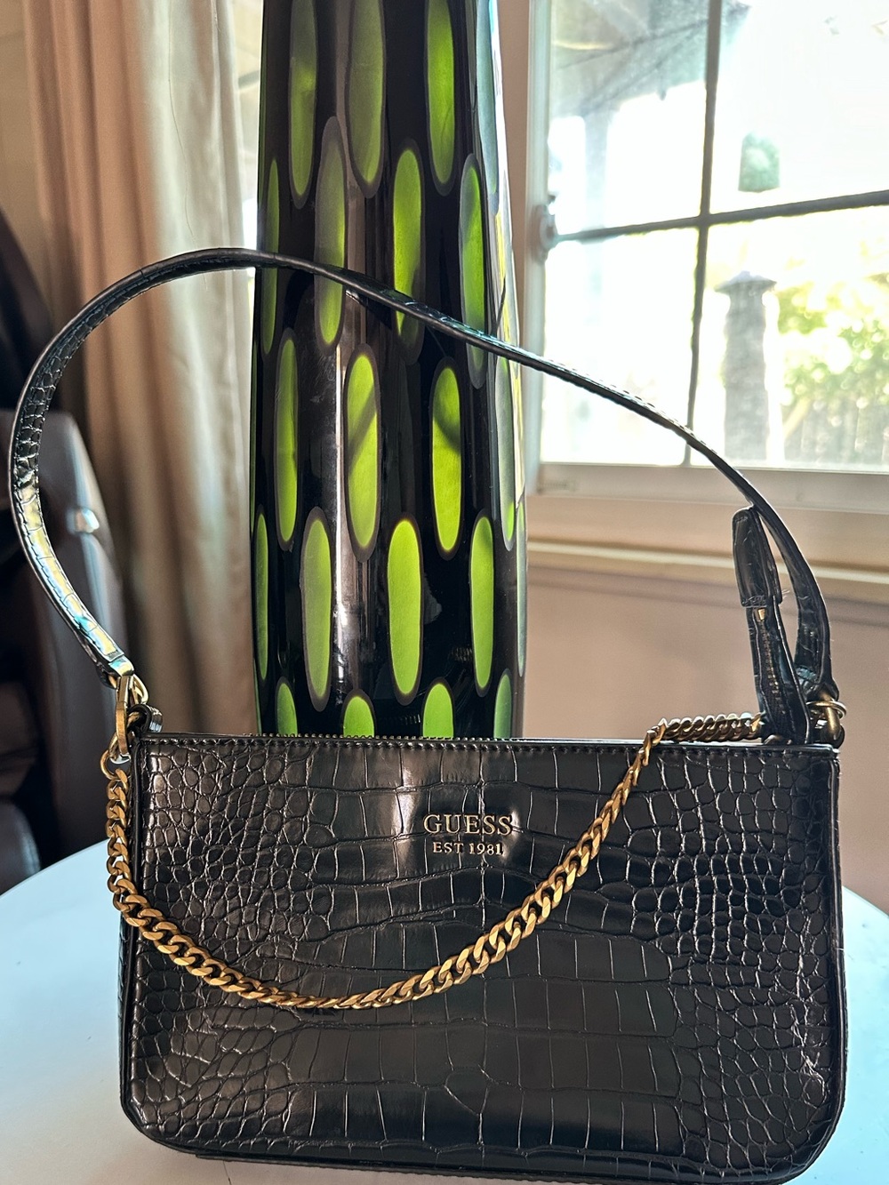 GUESS Black Croc-Embossed Shoulder Bag with Gold Chain Accent